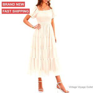 Women's Smocked Midi Tulle Dress Puffy Sleeve Square Neck Party